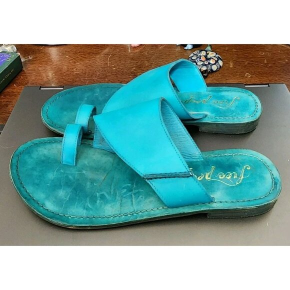 Free People Sandals Size 38 / US Sz 7.5 Blue Leather Toe Loop San Antoni Slide - Picture 5 of 9